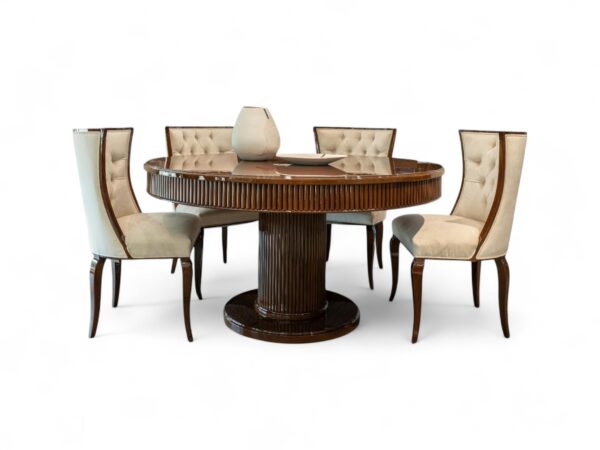 Glamorous high-back dining chair in neutral upholstery for modern interiors