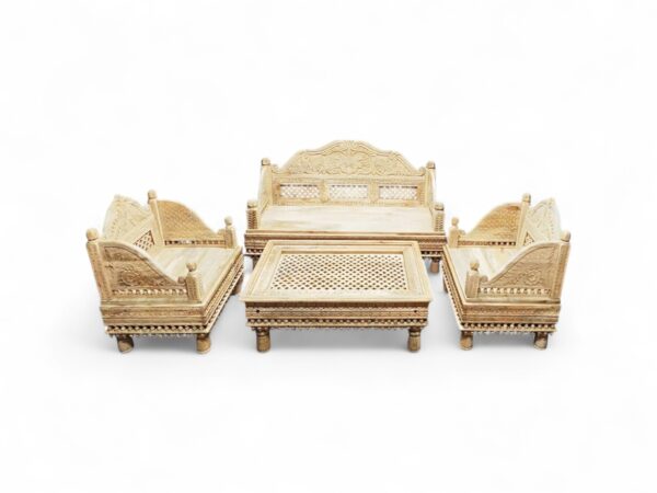 Rajwada hand-carved wooden sofa set with detailed floral patterns