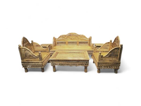 Traditional Indian carved sofa set including chairs and center table