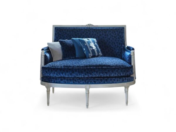 French neoclassical two-seater with antique white frame and fluted legs