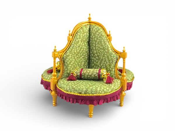 Victorian Conversation Chair with gold frame and green patterned upholstery