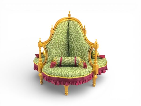 Victorian Conversation Chair with gold frame and green patterned upholstery