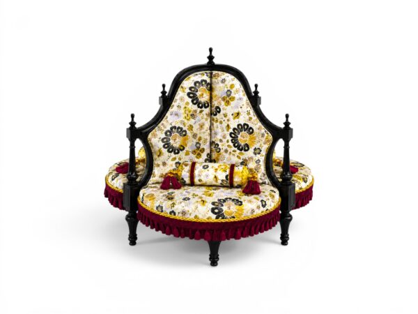 Victorian Conversation Chair with gold frame and green patterned upholstery