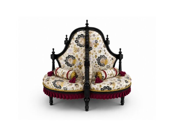 Victorian Conversation Chair with gold frame and green patterned upholstery