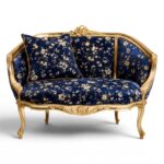 French-style Louis XV Carved Settee with gold damask fabric