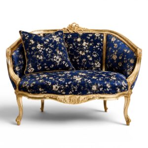 French-style Louis XV Carved Settee with gold damask fabric