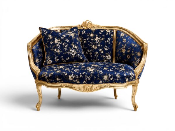 French-style Louis XV Carved Settee with gold damask fabric