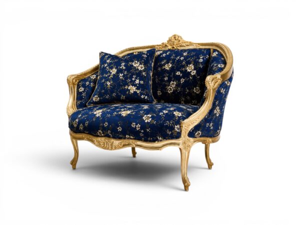 Louis XV Carved Settee with ornate wooden frame