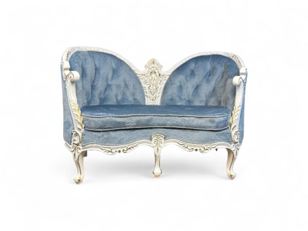 mperial Victorian Loveseat with blue tufted upholstery and carved wooden frame