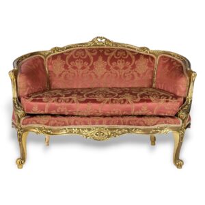 French-style Louis XV Carved Settee with gold damask fabric