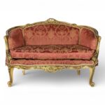 French-style Louis XV Carved Settee with gold damask fabric