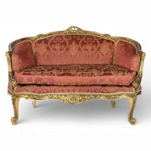 French-style Louis XV Carved Settee with gold damask fabric