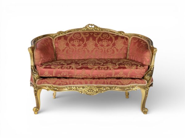 French-style Louis XV Carved Settee with gold damask fabric