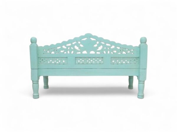 Comfortable carved wooden sofa with a refreshing mint green color and classic design