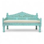 Boho Carved Settee with intricate floral woodwork and soft mint green finish