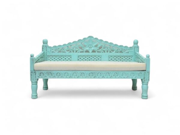 Boho Carved Settee with intricate floral woodwork and soft mint green finish
