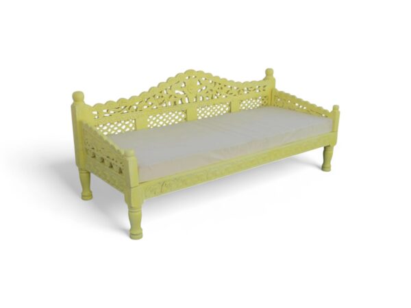 Boho Carved Settee with intricate floral woodwork and soft mint green finish