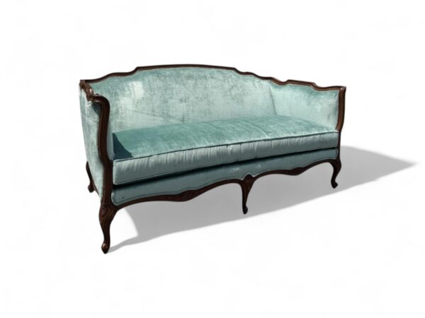 Louis XV-style sofa in aqua velvet with dark wood frame