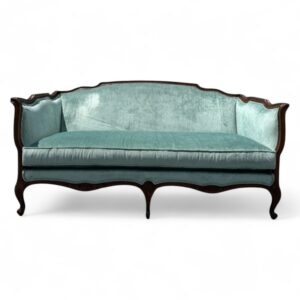 Aqua Elegance French Sofa with carved wooden frame and velvet upholstery
