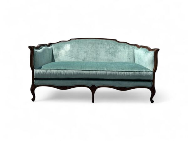 Aqua Elegance French Sofa with carved wooden frame and velvet upholstery