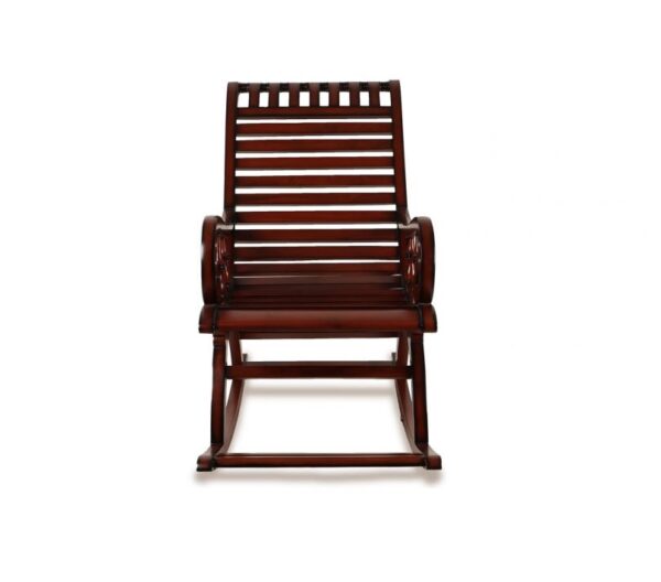 Classic wooden rocker with ergonomic slatted design and rich polish