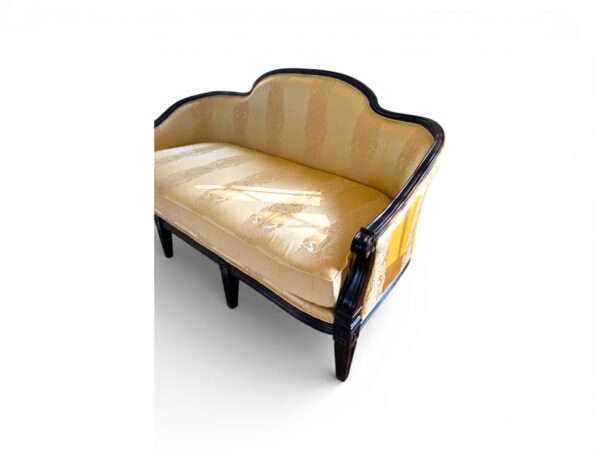 Vintage style marigold sofa with polished wood legs