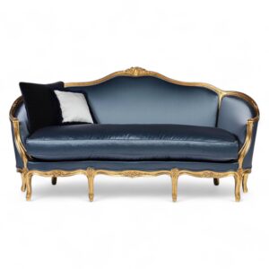 Luxurious Louis XV-style sofa in gold and navy velvet