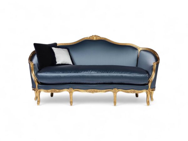 Luxurious Louis XV-style sofa in gold and navy velvet
