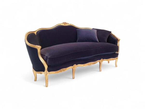 Baroque Louis XV Sofa in navy velvet with gold leaf wood frame