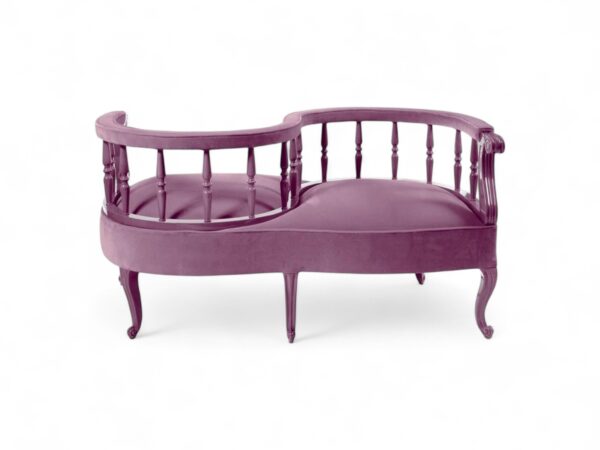 Hand-carved wooden Victorian settee with plush seating and cabriole legs
