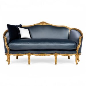Luxurious Louis XV-style sofa in gold and navy velvet