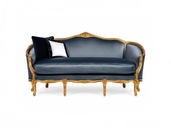 Luxurious Louis XV-style sofa in gold and navy velvet