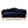 French Rococo sofa with floral carvings and deep blue upholstery