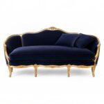 French Rococo sofa with floral carvings and deep blue upholstery