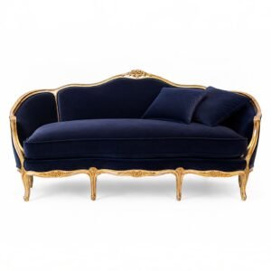 French Rococo sofa with floral carvings and deep blue upholstery