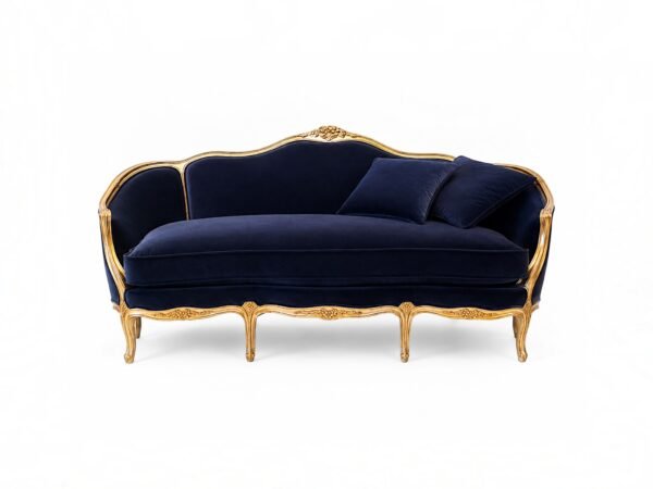 French Rococo sofa with floral carvings and deep blue upholstery