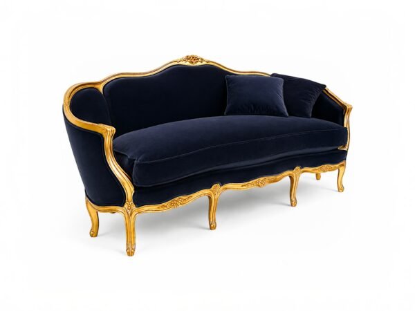 Baroque Louis XV Sofa in navy velvet with gold leaf wood frame