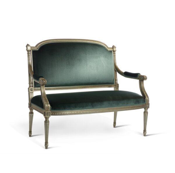 Elegant green velvet settee with ornate gold detailing and luxurious finish