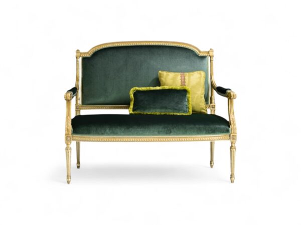 Emerald Velvet Settee with gold-carved wooden frame and soft green cushions