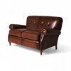English-style brown leather loveseat with hardwood legs