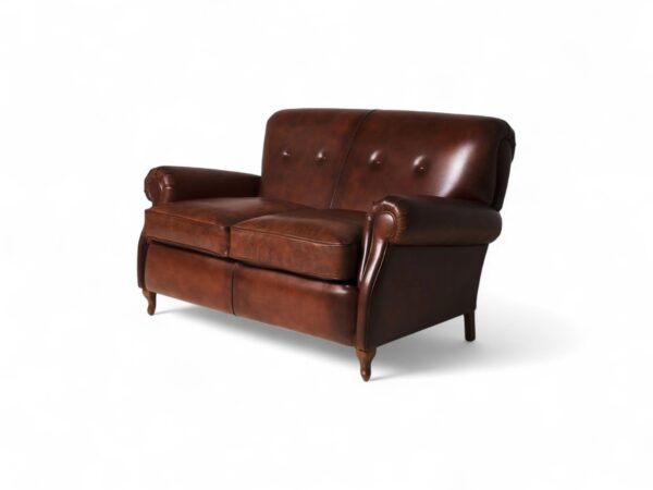 English-style brown leather loveseat with hardwood legs