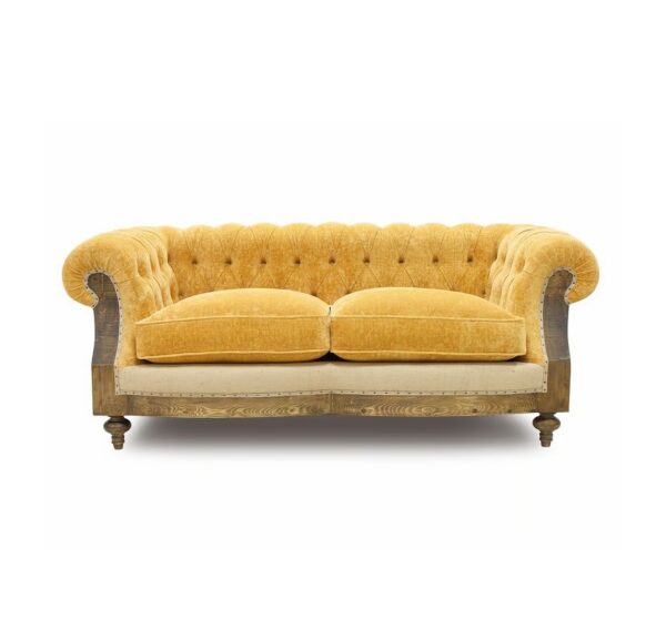 Vintage Chesterfield Sofa with tufted backrest and golden velvet upholstery