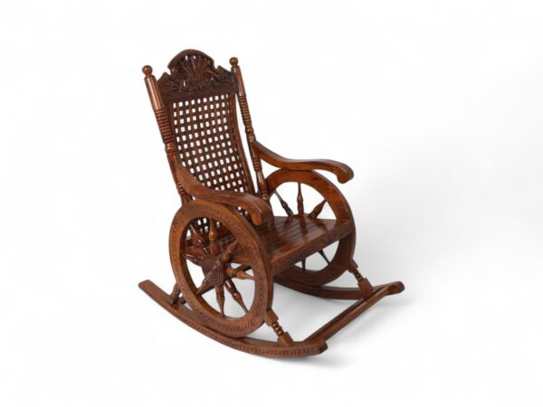 Wooden rocking chair with wheel-style side panels