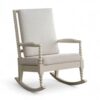 Classic spindle-style wooden rocking chair with fabric upholstery