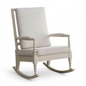 Classic spindle-style wooden rocking chair with fabric upholstery