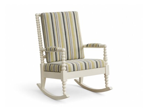 Classic spindle wooden rocking chair with fabric upholstery