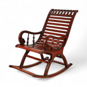 Slatted wooden rocking chair with curved backrest and carved armrests