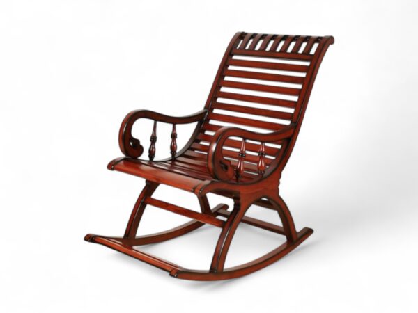 Slatted wooden rocking chair with curved backrest and carved armrests
