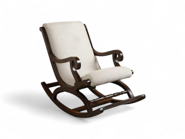 Serene Scroll Rocker with upholstered seat and curved scroll arms