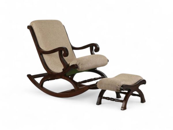 Traditional wooden rocking chair with padded backrest and seat